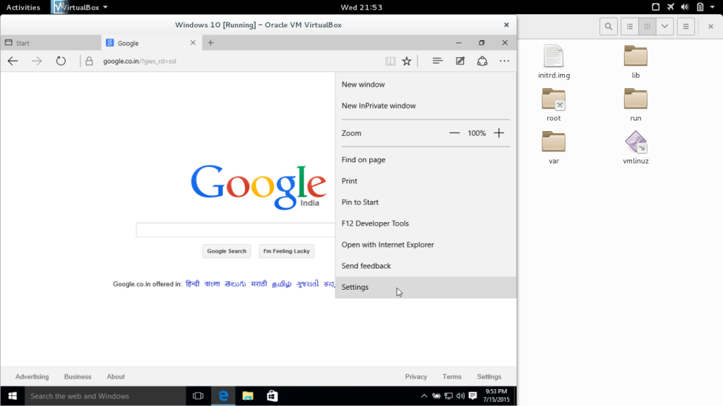 Edge browser menu (Windows 10 in  Virtualbox)