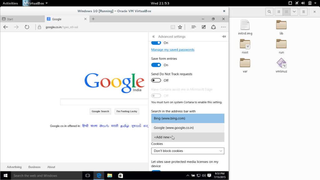 Edge browser 'Search in Address bar with' (Windows 10 in  Virtualbox)