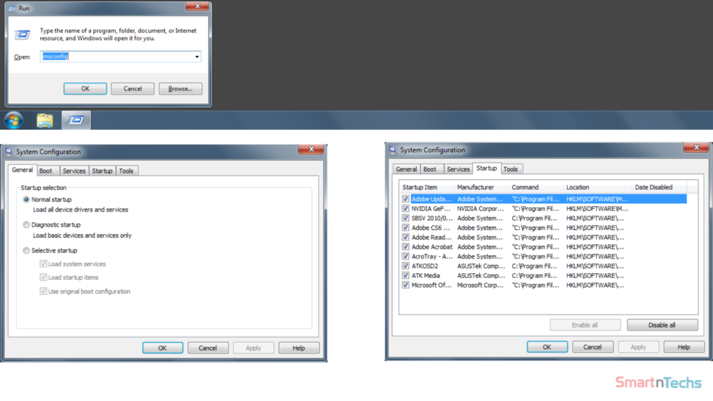 Windows 7 - Open System Configuration (msconfig) - Startup