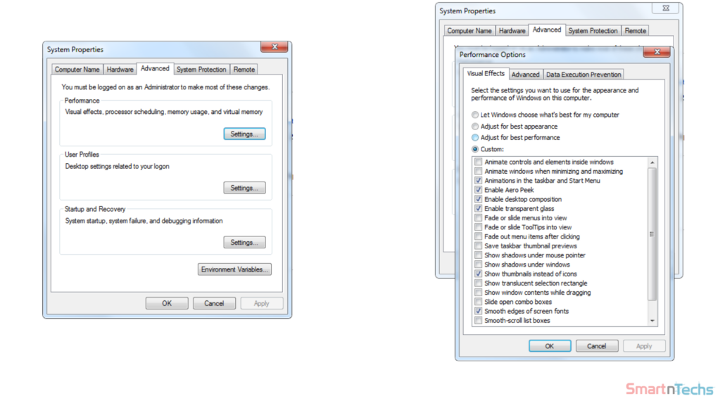 Windows 7 - System Properties - Performance Options