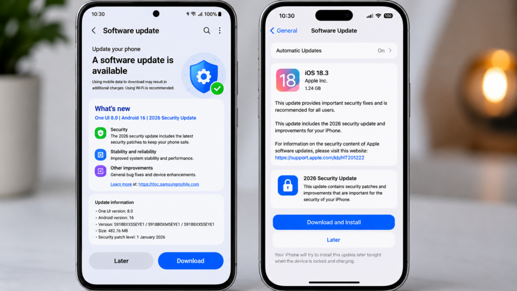 Android and iPhone software update screens displaying security updates and system improvements on smartphones