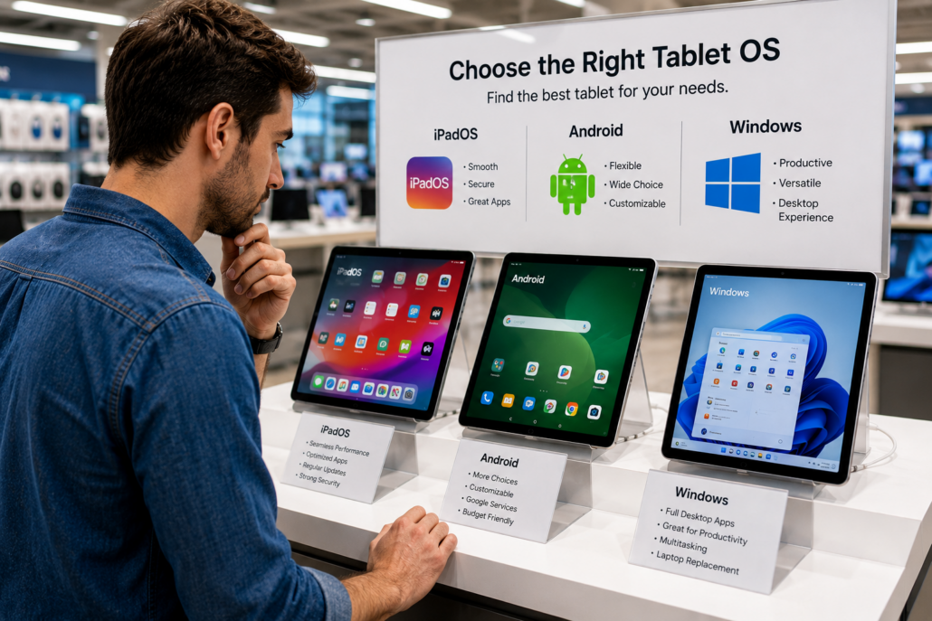 Consumer comparing tablets with iPadOS, Android, and Windows operating systems