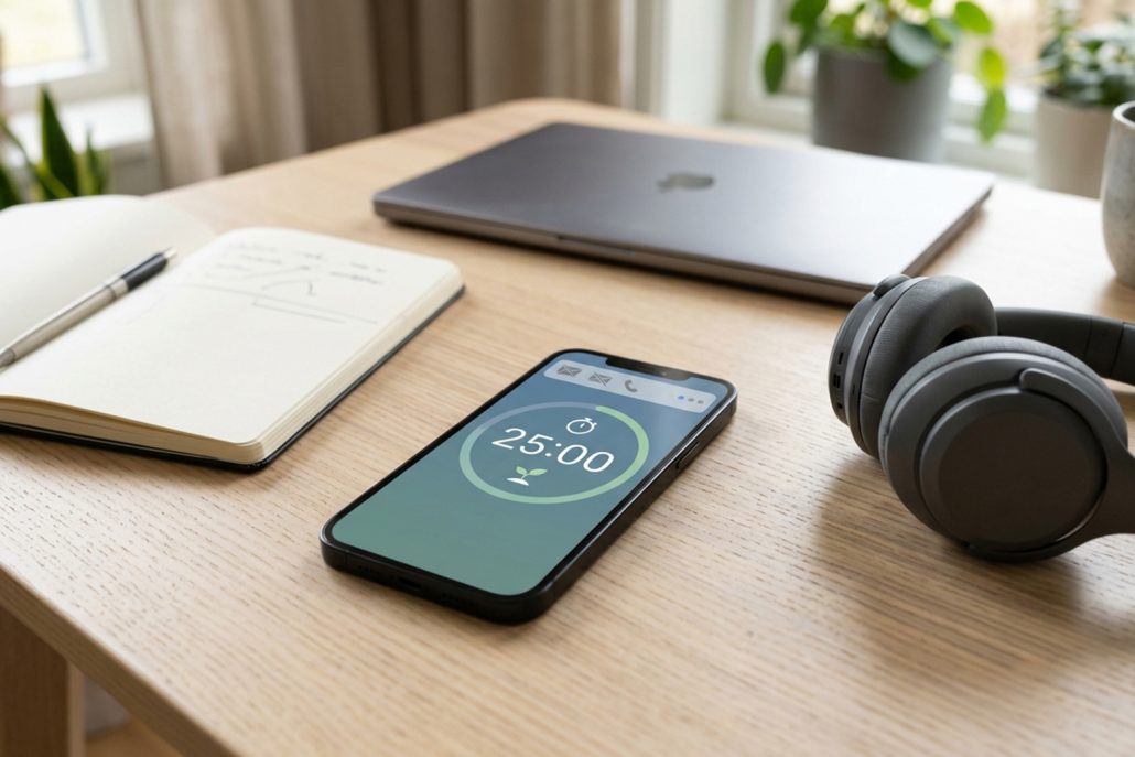 focused-desk-setup-with-smartphone-timer