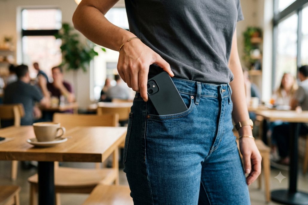 woman-placing-smartphone-in-jeans-pocket-cafe